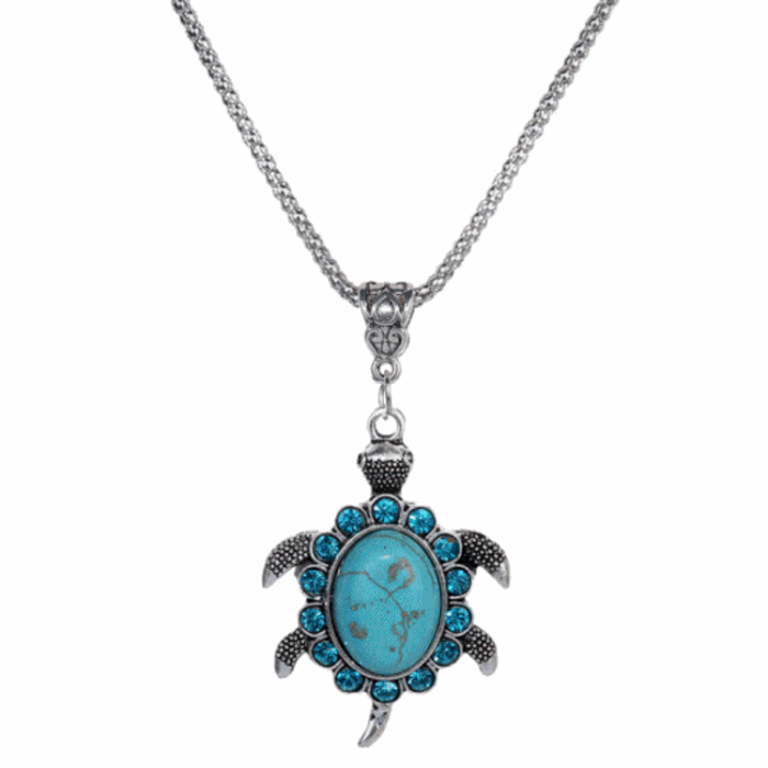 Nyaklánc türkiz kővel, teknős medállal, kék kristályokkal 