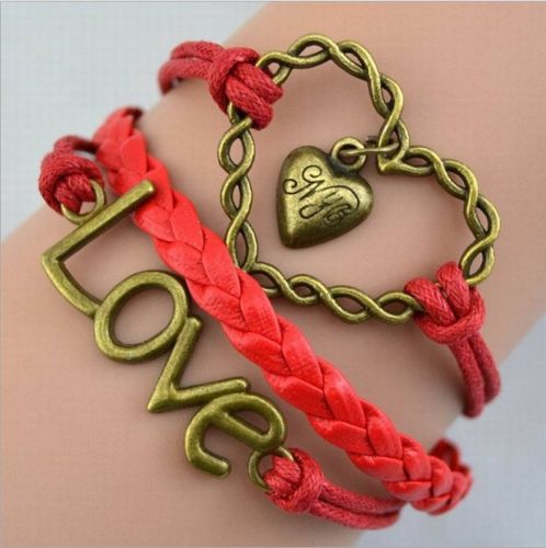  Infinity több soros karkötő, szív, "LOVE", + szivecske medál - Piros