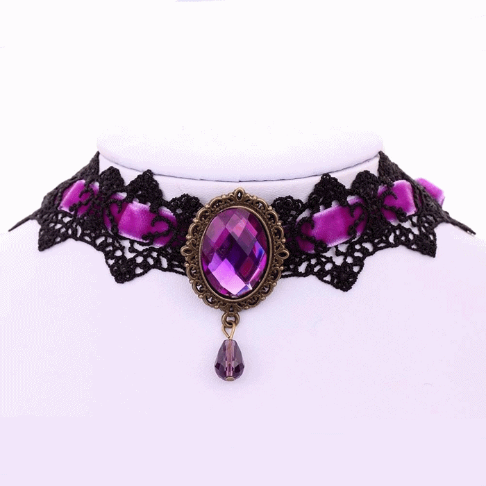Goth Horgolt csipke nyakék lila kővel