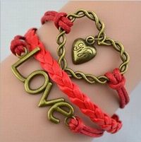  Infinity több soros karkötő, szív, "LOVE", + szivecske medál - Piros
